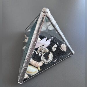 Vintage Glass Art Pyramid Terrarium with Hawaii’s Black Sand and Cream Shells